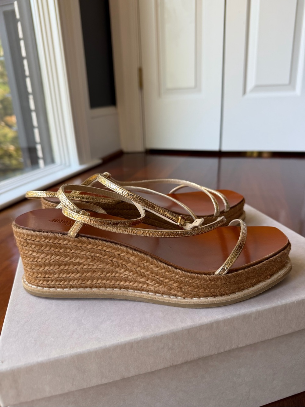 Jimmy Choo Gold Metallic Espadrille Wedge Sandals